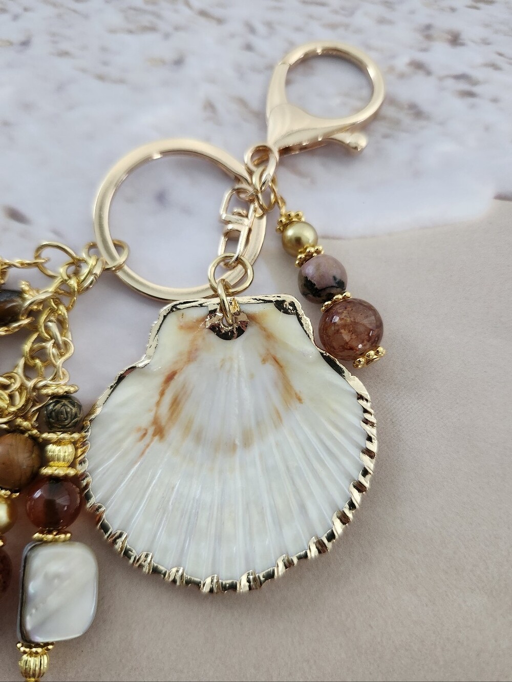 Coastal shell Purse Charm or Keychain Jasper Agate Rhodonite Handcrafted - Picture 4 of 4